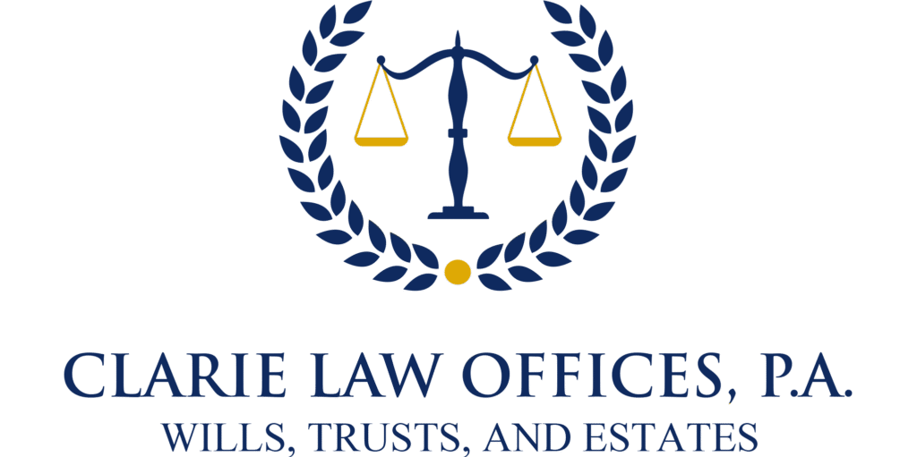 Clarie Law Office logo featuring gold scales of justice surrounded by a navy laurel wreath.
