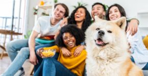 Blended famlily hanging out with dog.