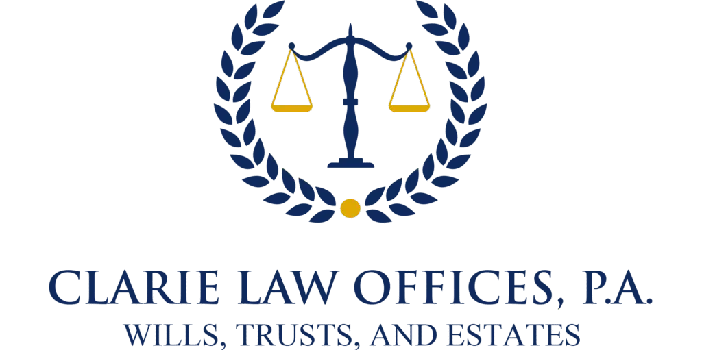Clarie Law Office logo featuring gold scales of justice surrounded by a navy laurel wreath.