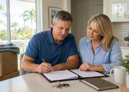 Couple reviewing estate planning documents in their new Florida home, with moving boxes nearby.