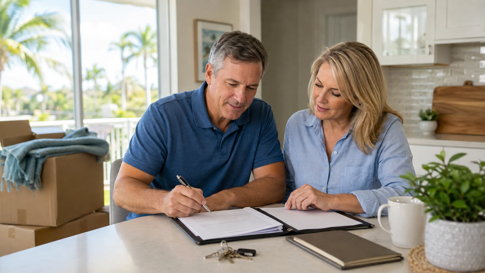 Couple reviewing estate planning documents in their new Florida home, with moving boxes nearby.